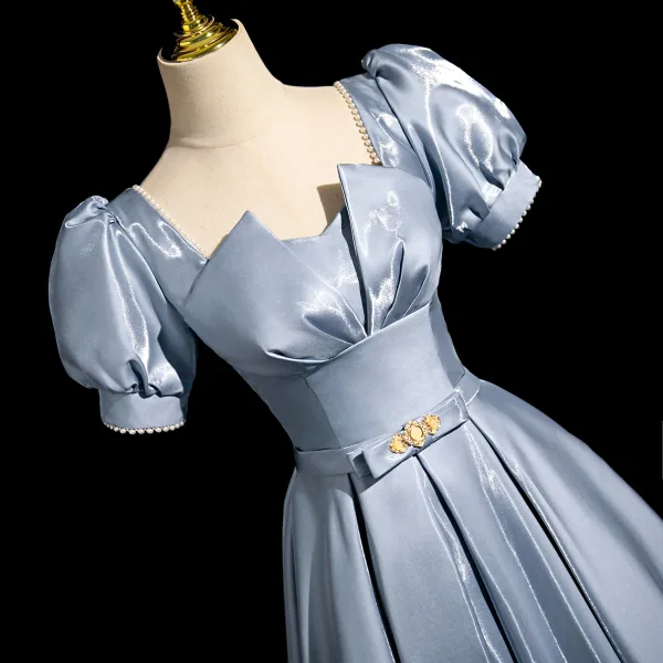 Élégant Bleu Noeud Ceinture Robe De Bal 2024 Princesse Encolure Carrée Gonflée Manches Courtes Dos Nu Longue Promo Robe De Ceremonie