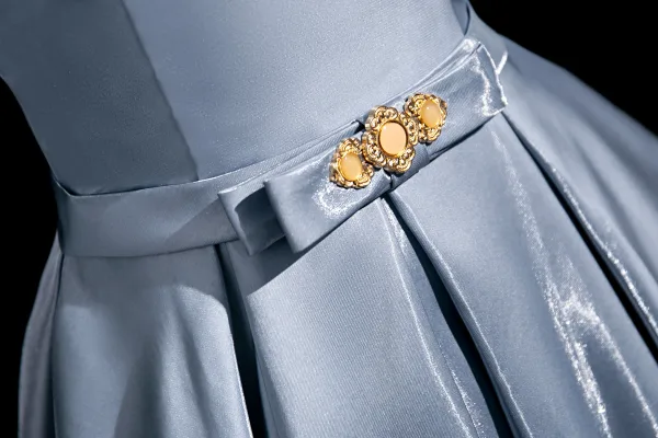 Élégant Bleu Noeud Ceinture Robe De Bal 2024 Princesse Encolure Carrée Gonflée Manches Courtes Dos Nu Longue Promo Robe De Ceremonie