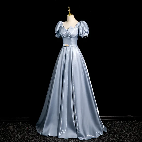 Élégant Bleu Noeud Ceinture Robe De Bal 2024 Princesse Encolure Carrée Gonflée Manches Courtes Dos Nu Longue Promo Robe De Ceremonie