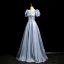 Élégant Bleu Noeud Ceinture Robe De Bal 2024 Princesse Encolure Carrée Gonflée Manches Courtes Dos Nu Longue Promo Robe De Ceremonie