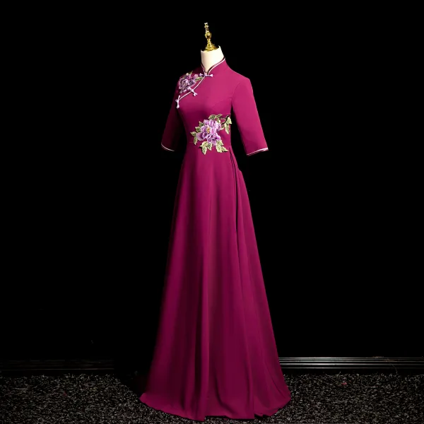 Vintage / Retro Purple Rhinestone Lace Flower Prom Dresses 2024 A-Line / Princess High Neck Short Sleeve Floor-Length / Long Prom Formal Dresses