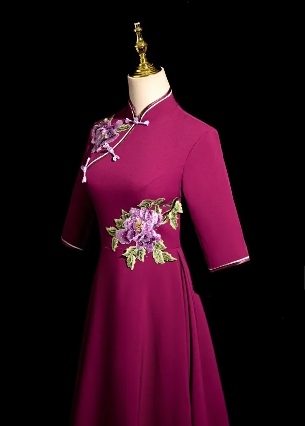 Vintage / Retro Purple Rhinestone Lace Flower Prom Dresses 2024 A-Line / Princess High Neck Short Sleeve Floor-Length / Long Prom Formal Dresses