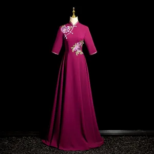 Vintage Purple Rhinestone Blonder Blomst Ballkjoler 2024 Prinsesse Høy Hals Korte Ermer Lange Ball Formelle Kjoler