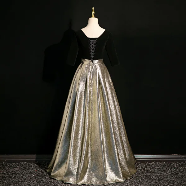 Elegante Schwarz Glanz Ballkleider 2024 A Linie Rückenfreies Lange V-Ausschnitt Festliche Kleider Ball Kurze Ärmel