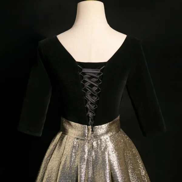 Elegante Schwarz Glanz Ballkleider 2024 A Linie Rückenfreies Lange V-Ausschnitt Festliche Kleider Ball Kurze Ärmel