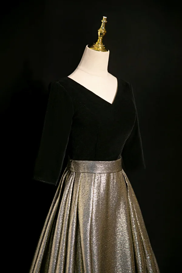 Elegante Schwarz Glanz Ballkleider 2024 A Linie Rückenfreies Lange V-Ausschnitt Festliche Kleider Ball Kurze Ärmel