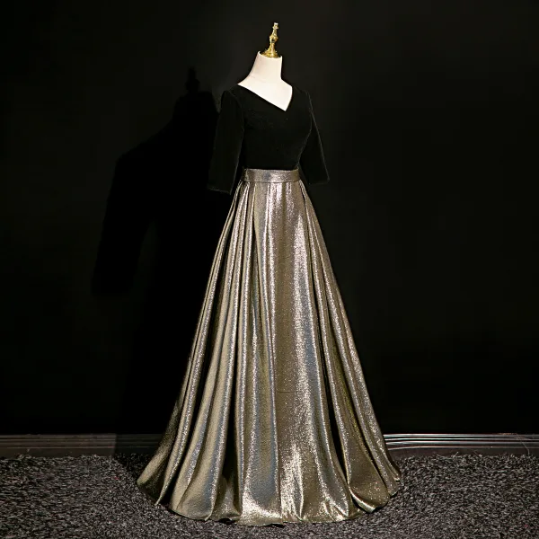 Elegante Schwarz Glanz Ballkleider 2024 A Linie Rückenfreies Lange V-Ausschnitt Festliche Kleider Ball Kurze Ärmel