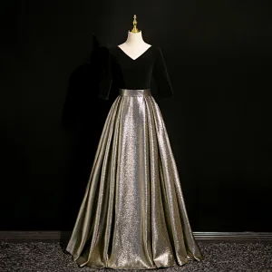 Élégant Noire Glitter Robe De Bal 2024 Princesse Dos Nu Longue V Cou Robe De Ceremonie Promo Manches Courtes