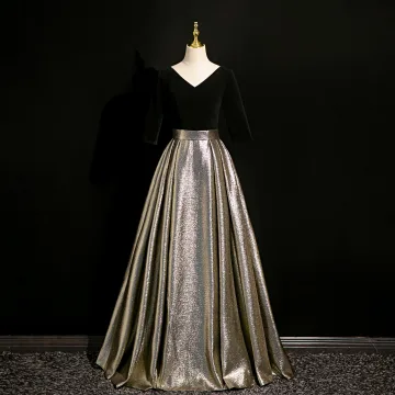 Élégant Noire Glitter Robe De Bal 2024 Princesse Dos Nu Longue V Cou Robe De Ceremonie Promo Manches Courtes