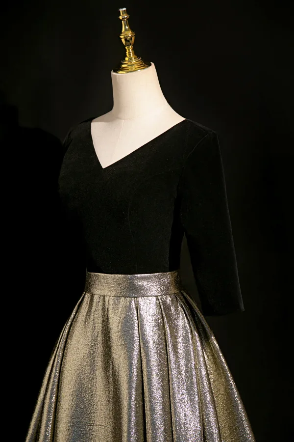 Elegante Schwarz Glanz Ballkleider 2024 A Linie Rückenfreies Lange V-Ausschnitt Festliche Kleider Ball Kurze Ärmel