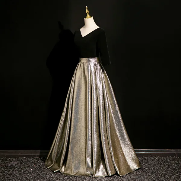 Elegante Schwarz Glanz Ballkleider 2024 A Linie Rückenfreies Lange V-Ausschnitt Festliche Kleider Ball Kurze Ärmel