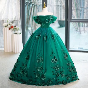 Vintage Retro Green Pearl Appliques Prom Dresses 2023 Ball Gown Off The Shoulder Short Sleeve Backless Floor Length Long Prom Formal Dresses