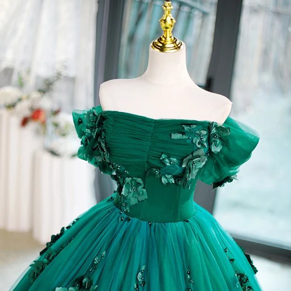 Vintage / Retro Green Pearl Appliques Prom Dresses 2023 Ball Gown Off-The-Shoulder Short Sleeve Backless Floor-Length / Long Prom Formal Dresses