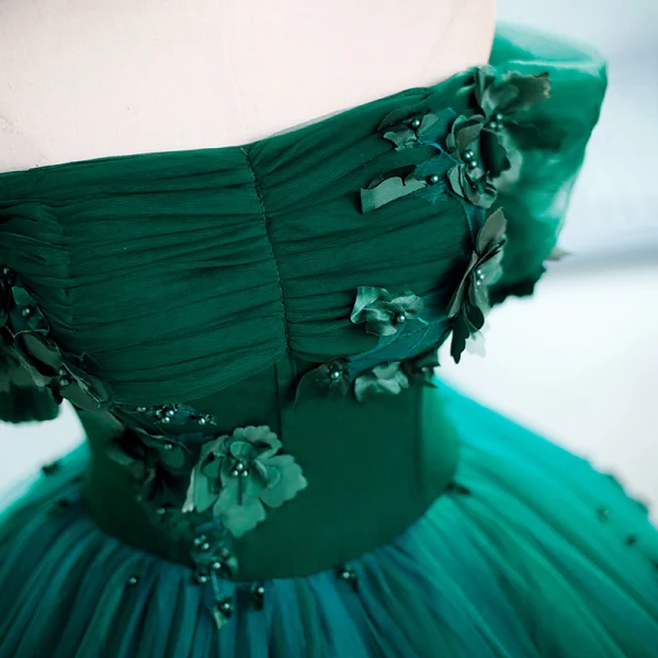 Vintage / Retro Green Pearl Appliques Prom Dresses 2023 Ball Gown Off-The-Shoulder Short Sleeve Backless Floor-Length / Long Prom Formal Dresses