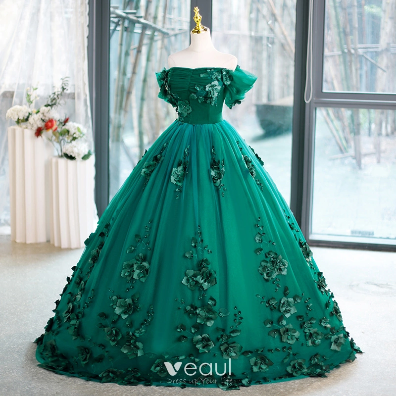 Vintage / Retro Green Pearl Appliques Prom Dresses 2023 Ball Gown Off-The-Shoulder Short Sleeve Backless Floor-Length / Long Prom Formal Dresses Vintage / Retro Green Pearl Appliques Prom Dresses 2023 Ball Gown Off-The-Shoulder Short Sleeve Backless Floor-Length / Long Prom Formal Dresses