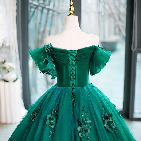Vintage / Retro Green Pearl Appliques Prom Dresses 2023 Ball Gown Off-The-Shoulder Short Sleeve Backless Floor-Length / Long Prom Formal Dresses