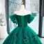 Vintage / Retro Green Pearl Appliques Prom Dresses 2023 Ball Gown Off-The-Shoulder Short Sleeve Backless Floor-Length / Long Prom Formal Dresses
