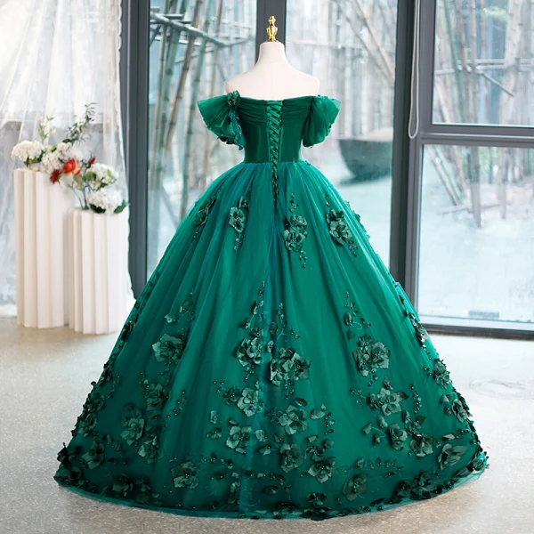 Vintage Retro Green Pearl Appliques Prom Dresses 2023 Ball Gown Off-The-Shoulder Short