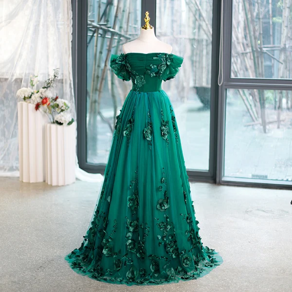 Vintage / Retro Green Pearl Appliques Prom Dresses 2023 Ball Gown Off-The-Shoulder Short Sleeve Backless Floor-Length / Long Prom Formal Dresses