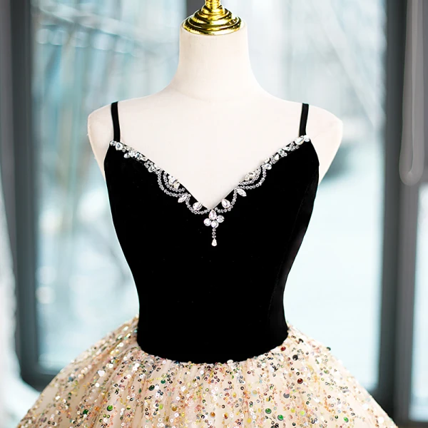 Bling Bling Black Sequins Prom Dresses 2023 A-Line / Princess Spaghetti Straps Sleeveless Backless Floor-Length / Long Prom Formal Dresses