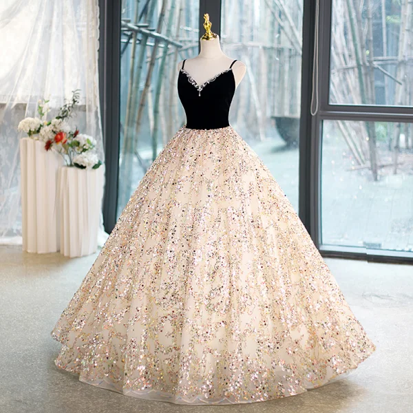 Bling Bling Black Sequins Prom Dresses 2023 A-Line / Princess Spaghetti Straps Sleeveless Backless Floor-Length / Long Prom Formal Dresses