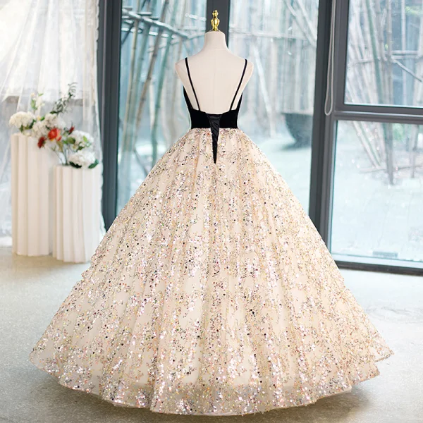 Bling Bling Black Sequins Prom Dresses 2023 A-Line / Princess Spaghetti Straps Sleeveless Backless Floor-Length / Long Prom Formal Dresses