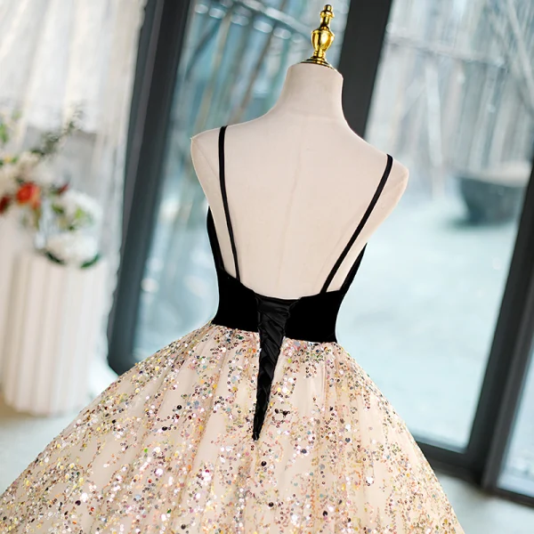 Bling Bling Black Sequins Prom Dresses 2023 A-Line / Princess Spaghetti Straps Sleeveless Backless Floor-Length / Long Prom Formal Dresses