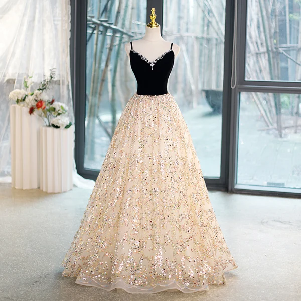 Bling Bling Black Sequins Prom Dresses 2023 A-Line / Princess Spaghetti Straps Sleeveless Backless Floor-Length / Long Prom Formal Dresses