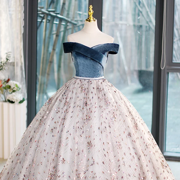 Elegant Ocean Blue Multi-Colors Sequins Prom Dresses 2023 Ball Gown Off-The-Shoulder Sleeveless Backless Floor-Length / Long Formal Dresses