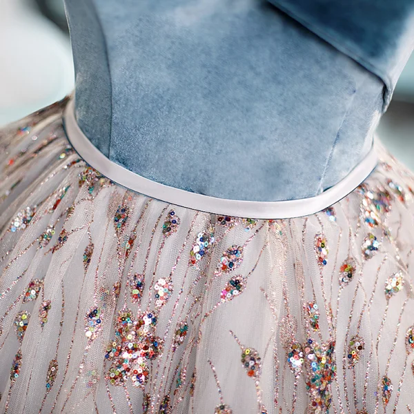 Elegant Ocean Blue Multi-Colors Sequins Prom Dresses 2023 Ball Gown Off-The-Shoulder Sleeveless Backless Floor-Length / Long Formal Dresses