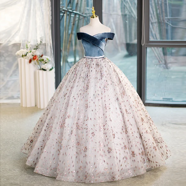 Elegant Ocean Blue Multi-Colors Sequins Prom Dresses 2023 Ball Gown Off-The-Shoulder Sleeveless Backless Floor-Length / Long Formal Dresses