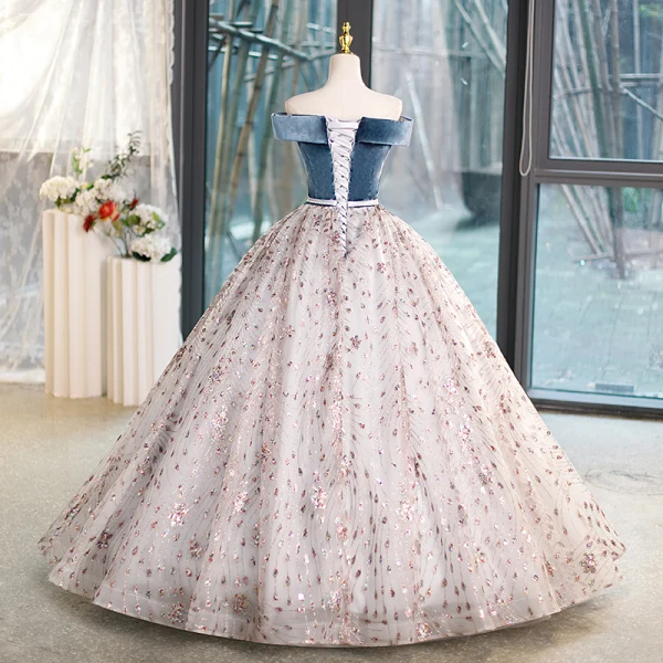 Elegant Ocean Blue Multi-Colors Sequins Prom Dresses 2023 Ball Gown Off-The-Shoulder Sleeveless Backless Floor-Length / Long Formal Dresses