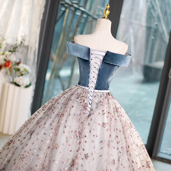 Elegant Ocean Blue Multi-Colors Sequins Prom Dresses 2023 Ball Gown Off-The-Shoulder Sleeveless Backless Floor-Length / Long Formal Dresses