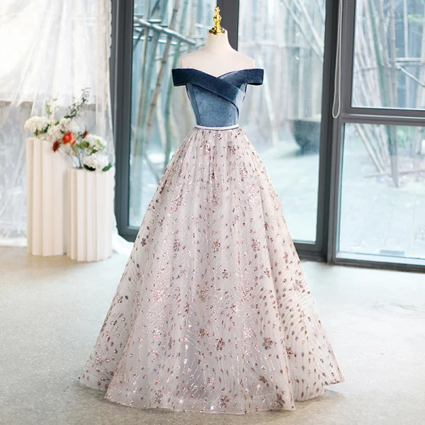 Elegant Ocean Blue Multi-Colors Sequins Prom Dresses 2023 Ball Gown Off-The-Shoulder Sleeveless Backless Floor-Length / Long Formal Dresses