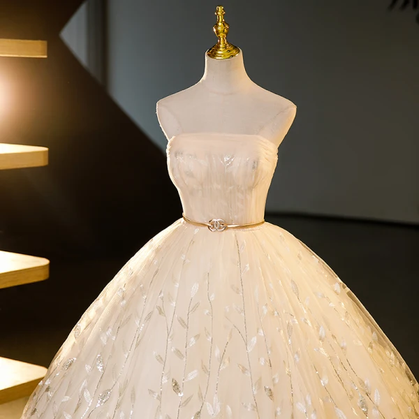 Vintage / Retro Champagne Sequins Leaf Prom Dresses 2023 Ball Gown Strapless Sleeveless Backless Floor-Length / Long Prom Formal Dresses