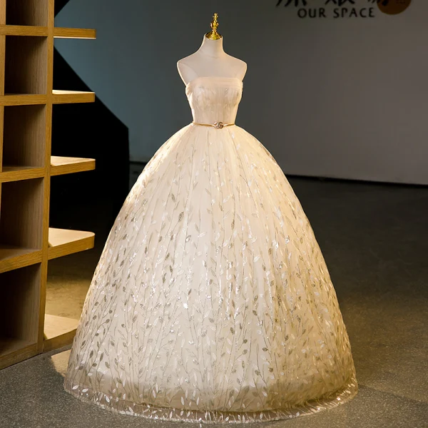 Vintage / Retro Champagne Sequins Leaf Prom Dresses 2023 Ball Gown Strapless Sleeveless Backless Floor-Length / Long Prom Formal Dresses