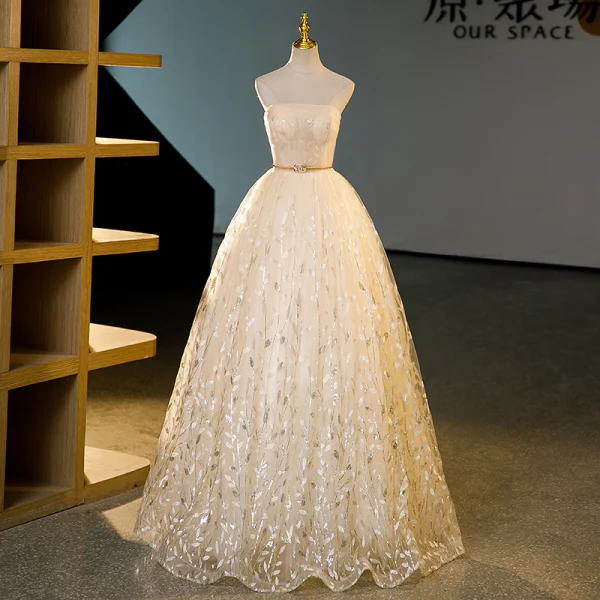 Vintage / Retro Champagne Sequins Leaf Prom Dresses 2023 Ball Gown Strapless Sleeveless Backless Floor-Length / Long Prom Formal Dresses