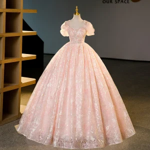 Sparkly Charming Rose Gold Beading Sequins Prom Dresses 2023 Ball Gown Square Neckline Puffy Short Sleeve Backless Floor Length Long Prom Formal Dresses