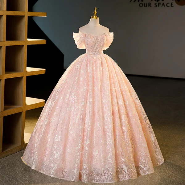 Sparkly Charming Rose Gold Beading Sequins Prom Dresses 2023 Ball Gown Square Neckline Sparkly Charming Rose Gold Beading Sequins Prom Dresses 2023 Ball Gown Square Neckline