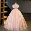 Glitzernden Charmant Rose Gold Perlenstickerei Pailletten Ballkleider 2023 Ballkleid Eckiger Ausschnitt Geschwollenes Kurze Ärmel Rückenfreies Lange Ball Festliche Kleider