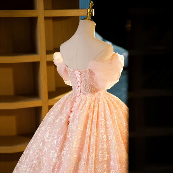 Sparkly Charming Rose Gold Beading Sequins Prom Dresses 2023 Ball Gown Square Neckline