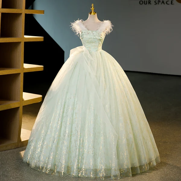 Charming Sage Green Sequins Rhinestone Prom Dresses 2023 Ball Gown Off-The-Shoulder Tassel Sleeveless Backless Floor-Length / Long Prom Formal Dresses