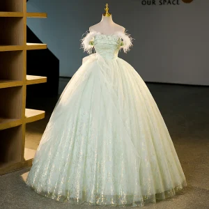 Charmant Vert Cendré Paillettes Faux Diamant Robe De Bal 2023 Robe Boule De L Épaule Gland Sans Manches Dos Nu Longue Promo Robe De Ceremonie