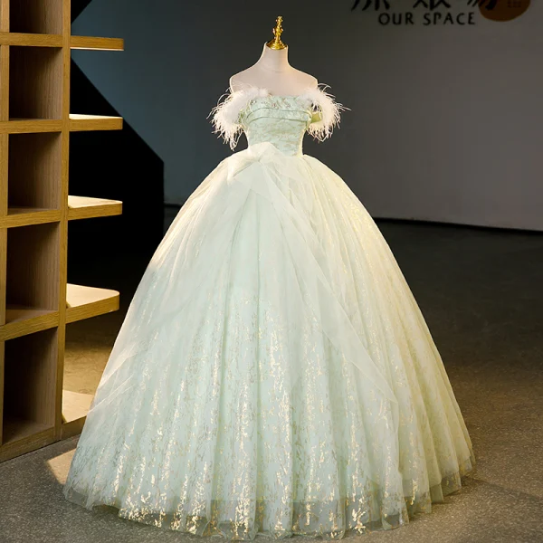 Charming Sage Green Sequins Rhinestone Prom Dresses 2023 Ball Gown Off-The-Shoulder Tassel Sleeveless Backless Floor-Length / Long Prom Formal Dresses
