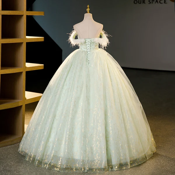 Charming Sage Green Sequins Rhinestone Prom Dresses 2023 Ball Gown Off-The-Shoulder Tassel Sleeveless Backless Floor-Length / Long Prom Formal Dresses