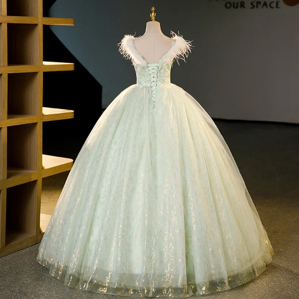 Charming Sage Green Sequins Rhinestone Prom Dresses 2023 Ball Gown Off-The-Shoulder Tassel Sleeveless Backless Floor-Length / Long Prom Formal Dresses