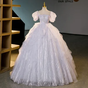 Charming Lavender Cascading Ruffles Rhinestone Sequins Prom Dresses 2023 Ball Gown Square Neckline Short Sleeve Backless Floor Length Long Prom Formal Dresses