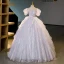 Charmant Lavande Volants en Cascade Faux Diamant Paillettes Robe De Bal 2023 Robe Boule Encolure Carrée Manches Courtes Dos Nu Longue Promo Robe De Ceremonie