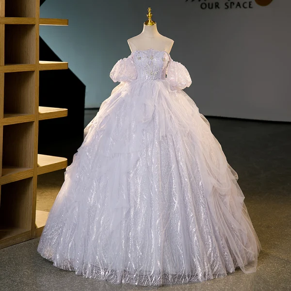 Charmant Lavande Volants en Cascade Faux Diamant Paillettes Robe De Bal 2023 Robe Boule Encolure Carrée Manches Courtes Dos Nu Longue Promo Robe De Ceremonie