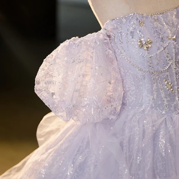 Charmant Lavande Volants en Cascade Faux Diamant Paillettes Robe De Bal 2023 Robe Boule Encolure Carrée Manches Courtes Dos Nu Longue Promo Robe De Ceremonie